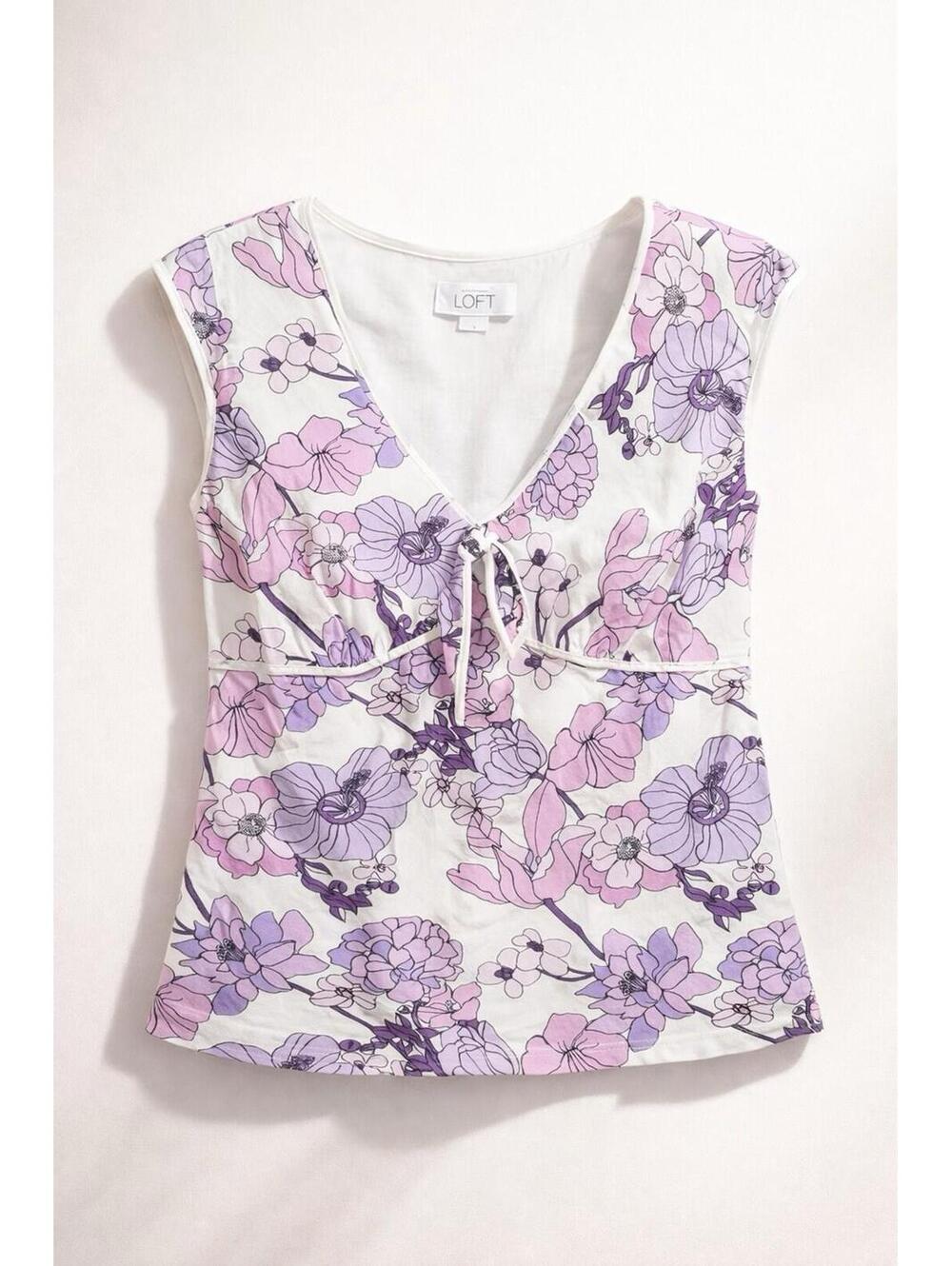 LOFT Floral Print Sleeveless V-Neck Top with Tie Detail